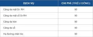 Bảng giá dịch vụ tại Dr. RH Bảng giá dịch vụ tại Dr. RH